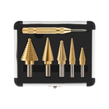 5Pcs Inch Tri-Flat Shank Straight Flute Titanium HSS Step Drill Bit Set with Automatic Punch in Aluminum Case